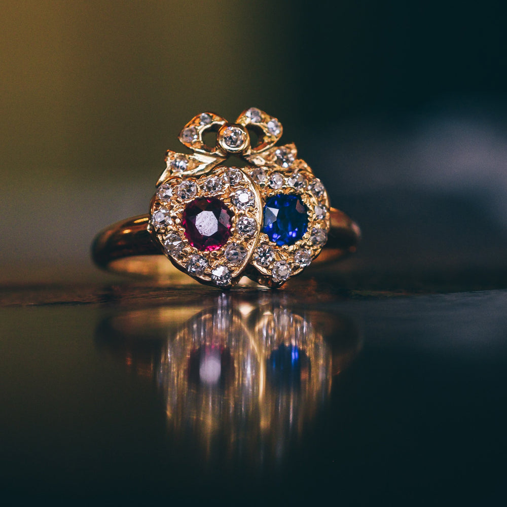 Victorian Ruby Sapphire & Diamond Bowed Double Heart Ring