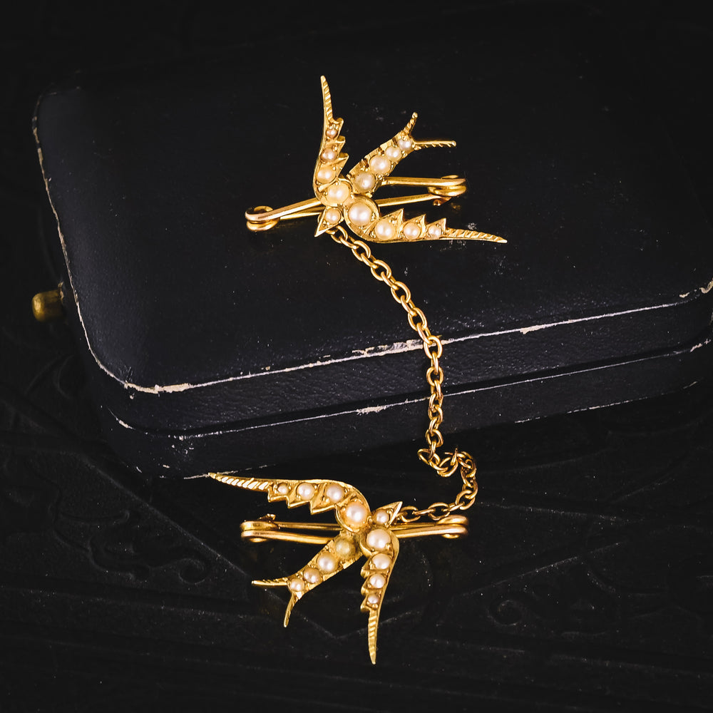 Victorian Pearl Double Swallows Brooch