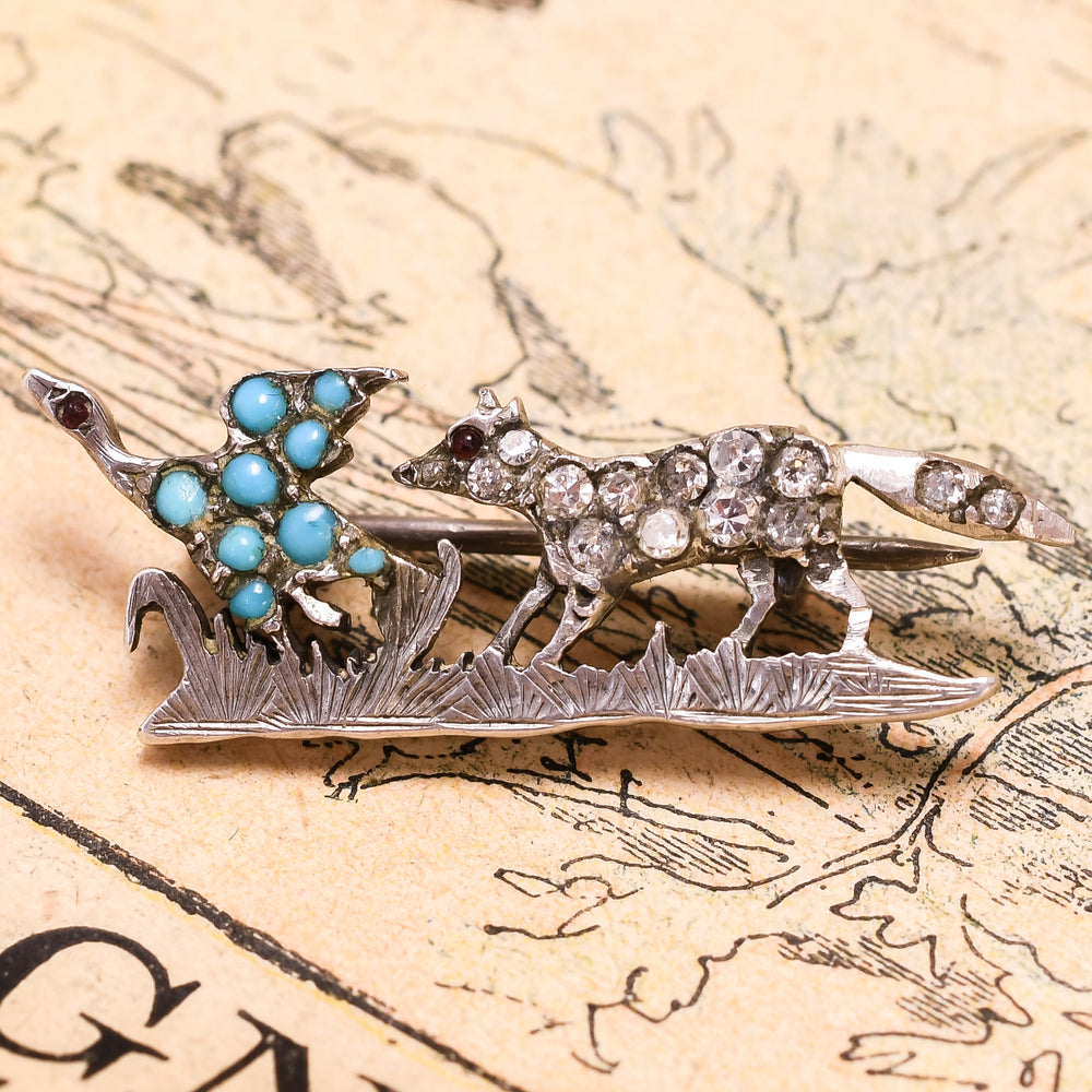 Victorian Fox & Pheasant Brooch
