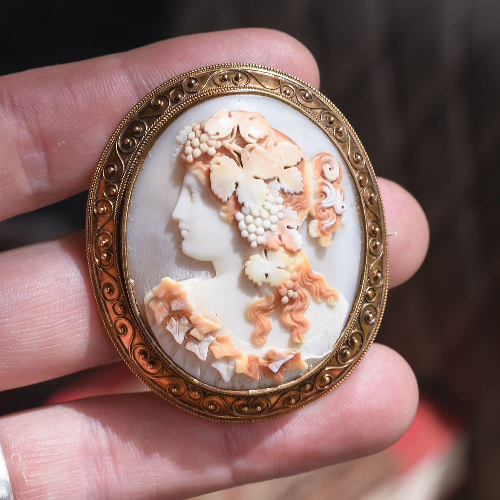 Mid Victorian Neoclassical Bacchante Shell Cameo Brooch