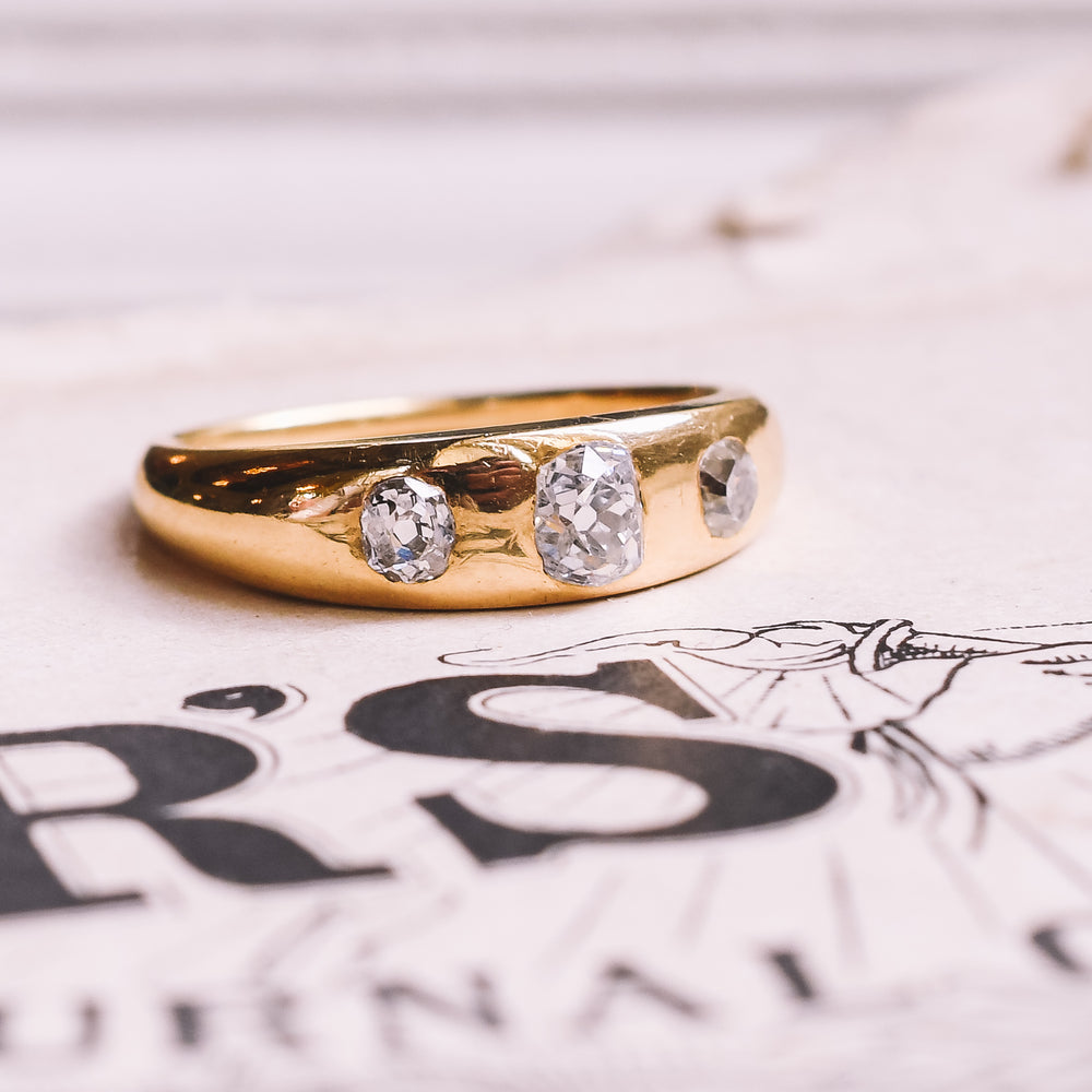 Victorian Old Mine Cut Diamond Three-Stone Gypsy Ring