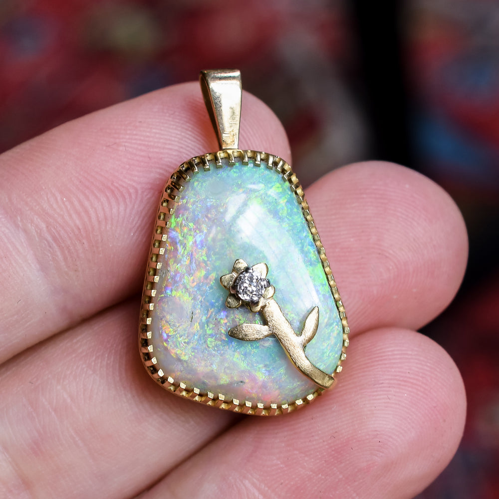 Vintage Asymmetric Opal & Diamond Flower Pendant