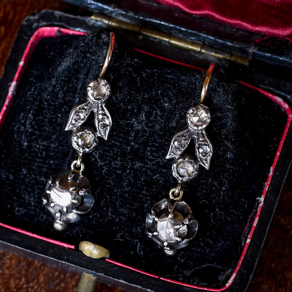 Mid Victorian Rose Diamond Leaf Earrings