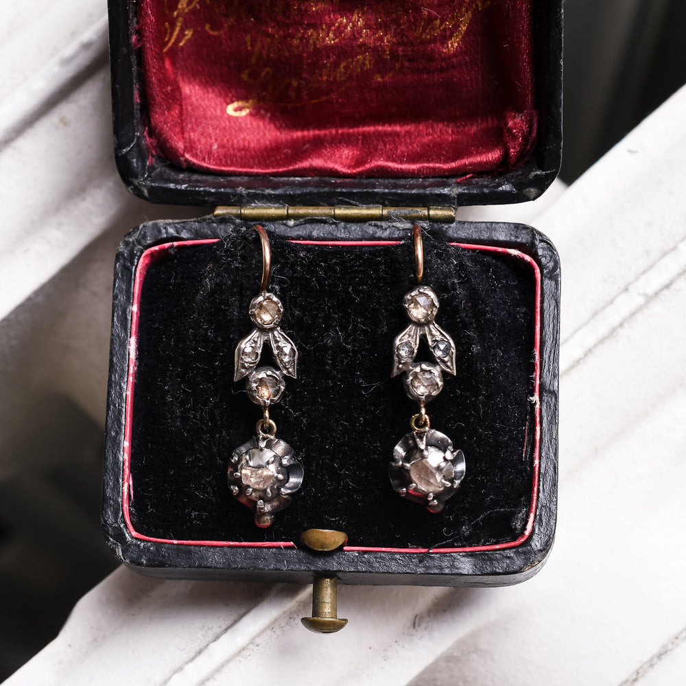 Mid Victorian Rose Diamond Leaf Earrings