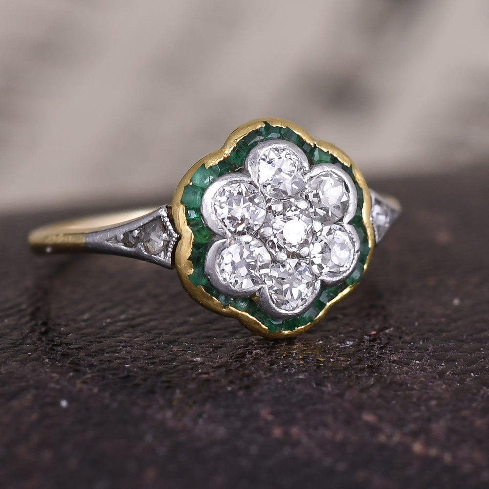 Edwardian Diamond & Emerald Flower Cluster Ring