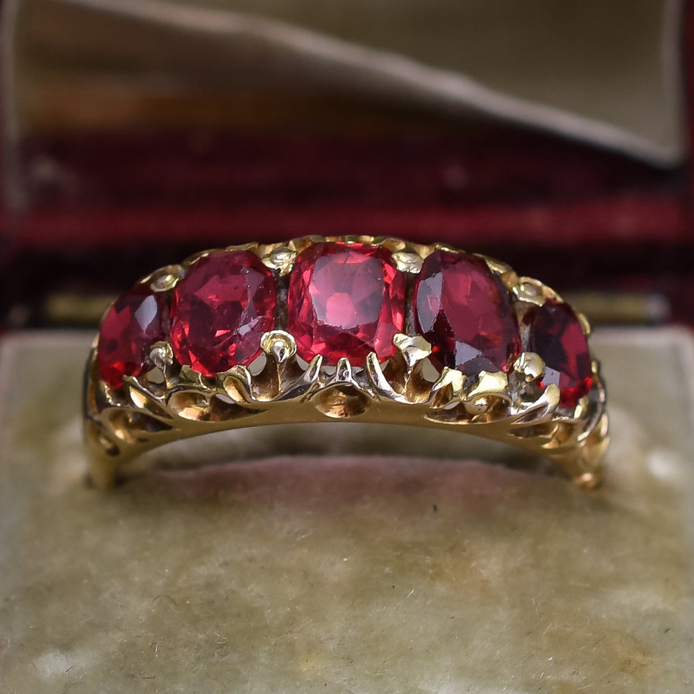 Late Victorian Red Spinel 5-Stone Carved Half-Hoop Ring