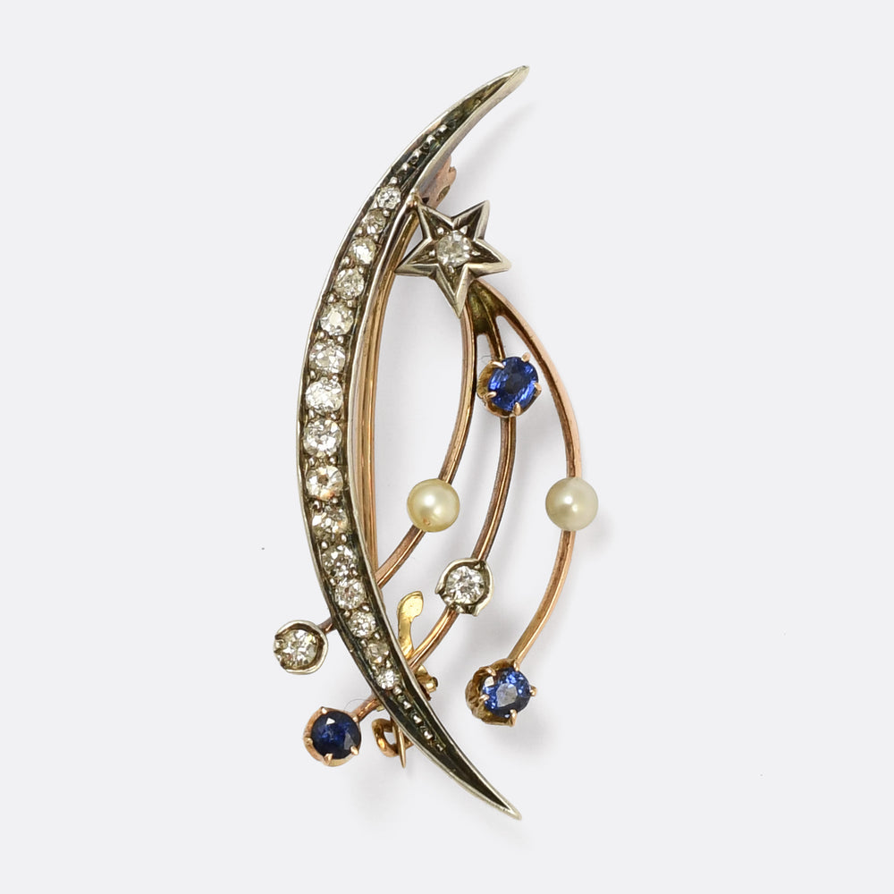 Victorian Celestial Shooting Star & Crescent Moon Brooch