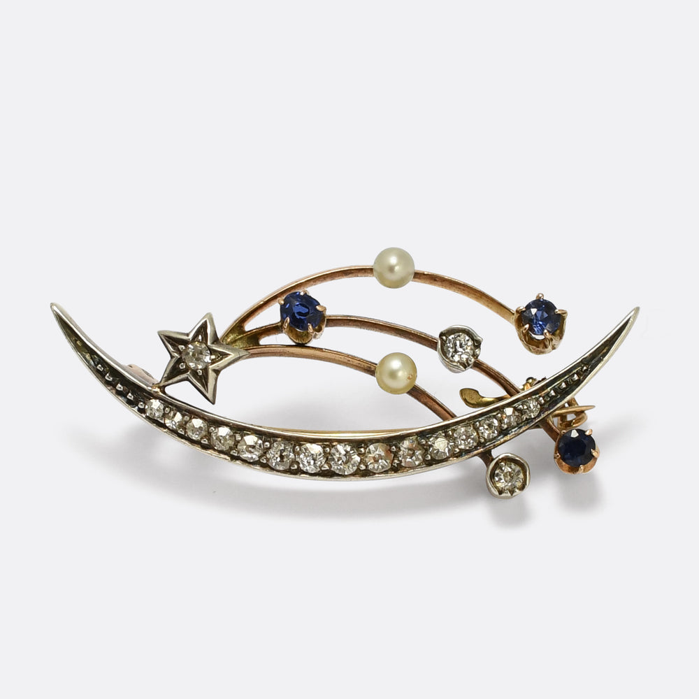 Victorian Celestial Shooting Star & Crescent Moon Brooch