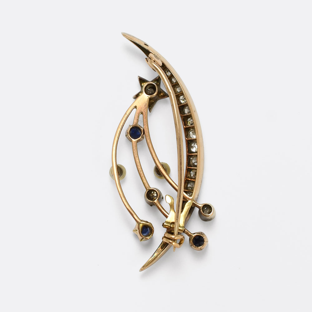 Victorian Celestial Shooting Star & Crescent Moon Brooch