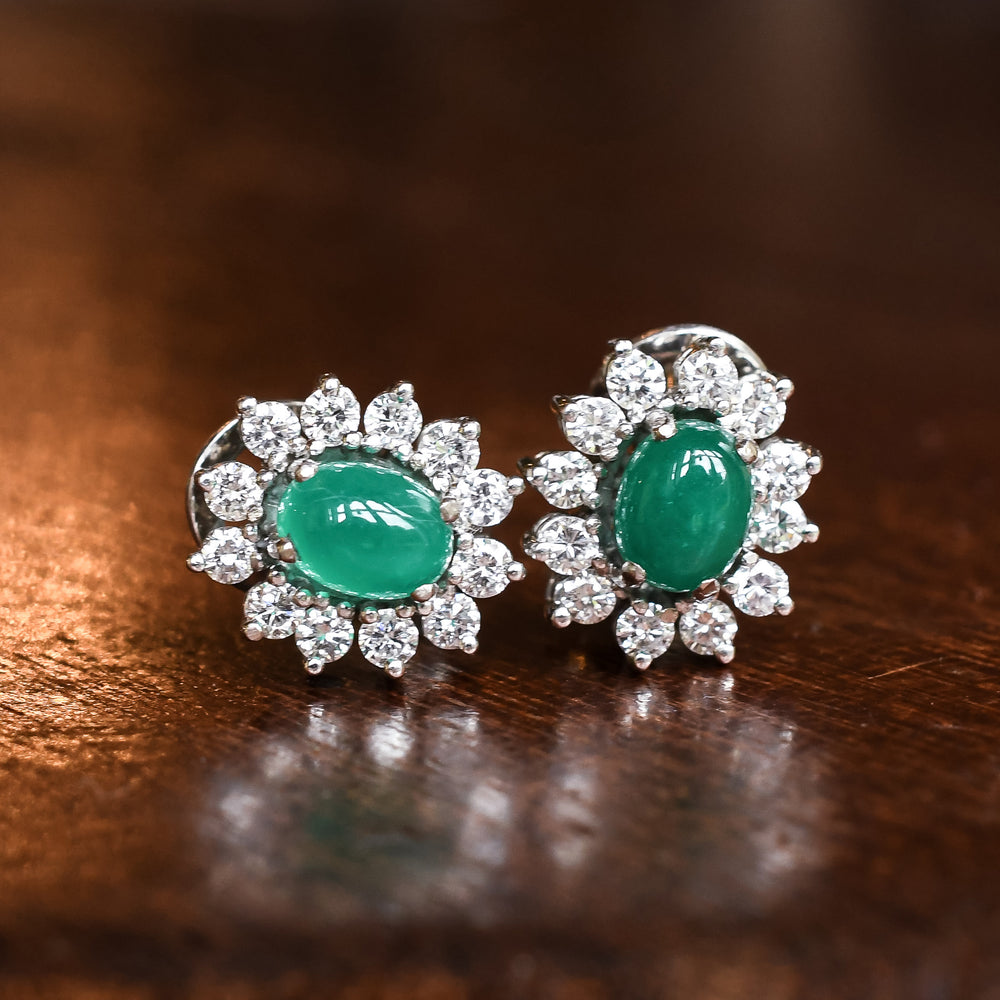 1980s Cabochon Emerald & Diamond Flower Earrings