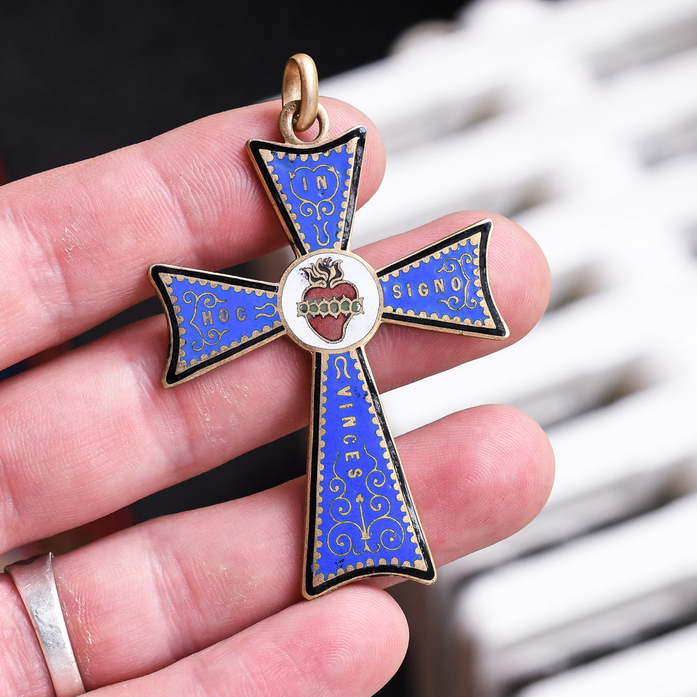 Victorian IN HOC SIGNO VINCES Sacred Heart Cross Pendant