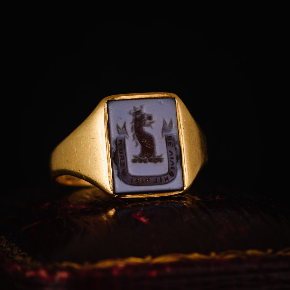 Victorian Sardonyx Crowned Lion Intaglio Signet Ring
