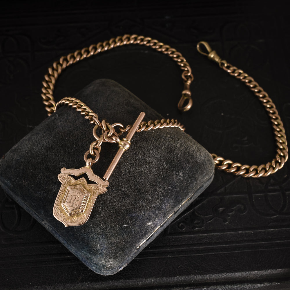 Edwardian Gold Double Albert Necklace With T-Bar and Shield