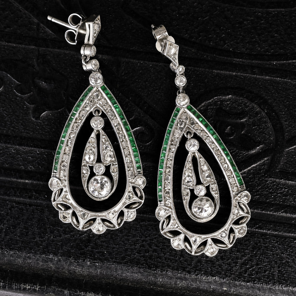Art Deco Diamond & Emerald Teardrop Earrings