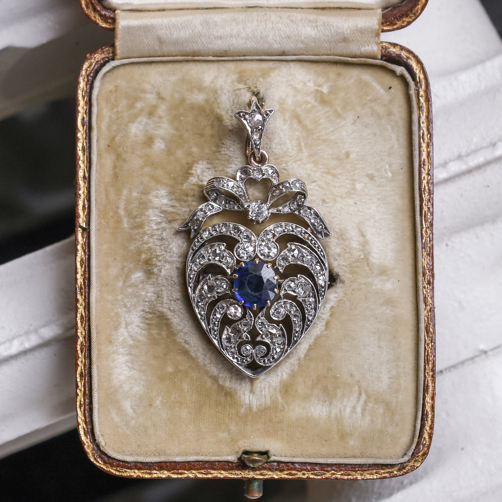 Edwardian Sapphire & Diamond Openwork Heart Pendant