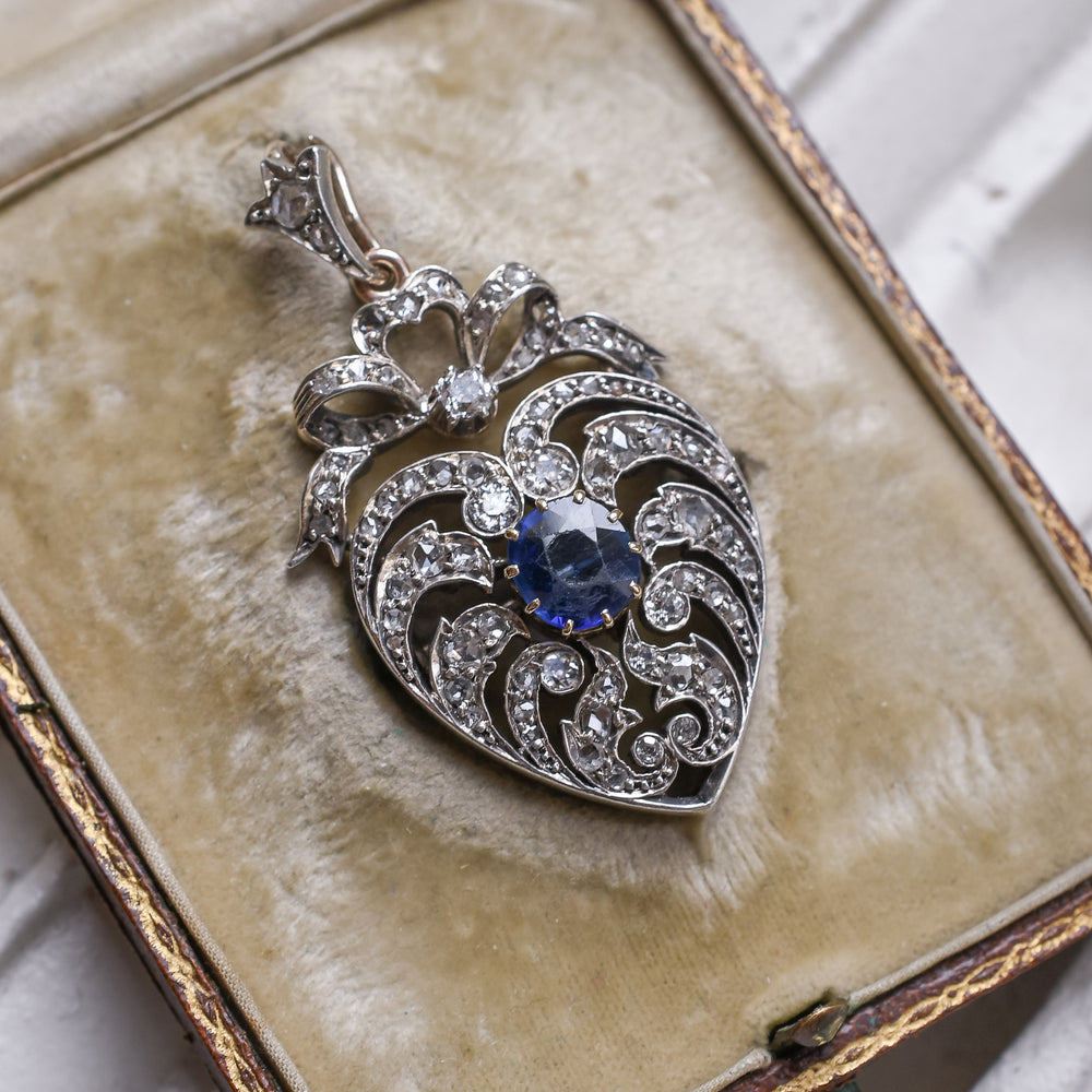 Edwardian Sapphire & Diamond Openwork Heart Pendant