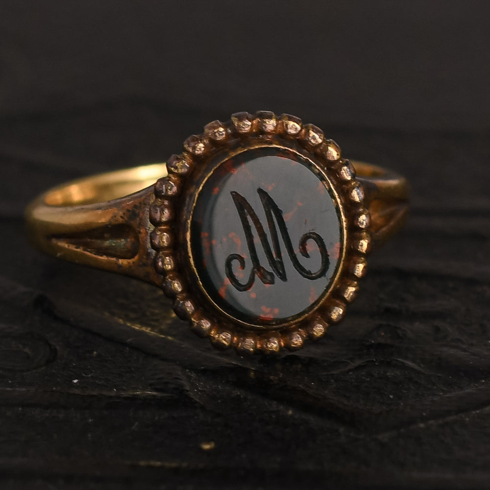 Victorian Bloodstone M Intaglio Signet Ring