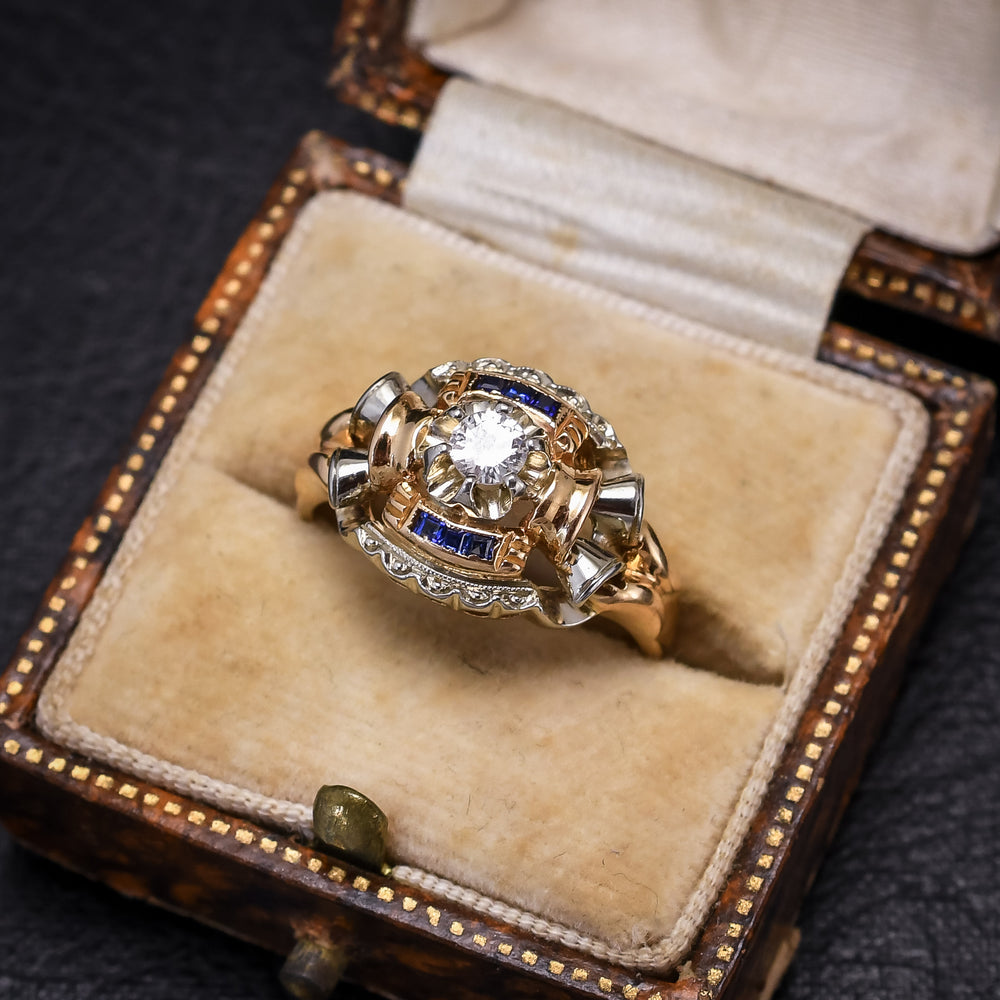 1940s Retro Diamond & Sapphire Cocktail Ring