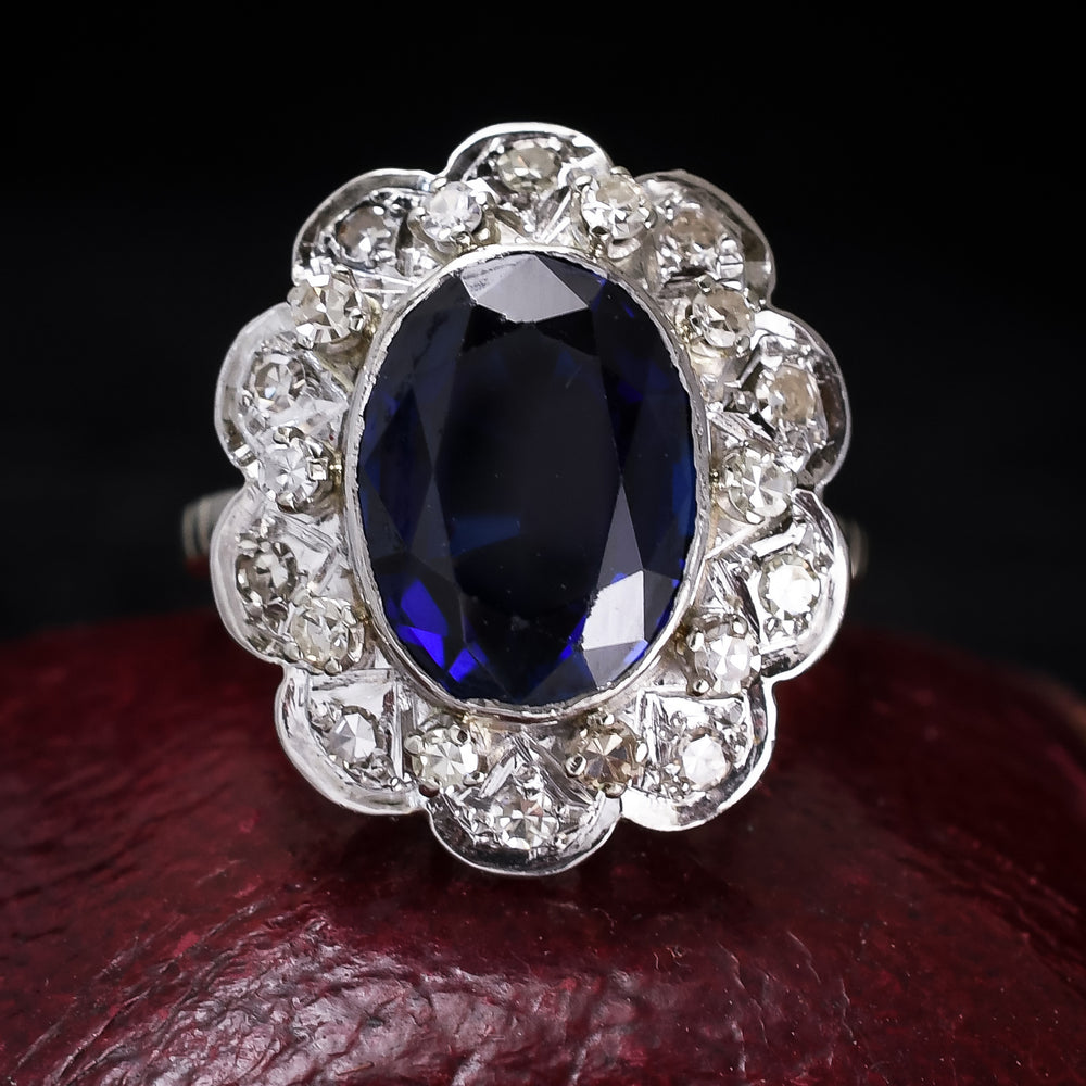 Vintage 5.4ct Sapphire & Diamond Flower Cluster Ring