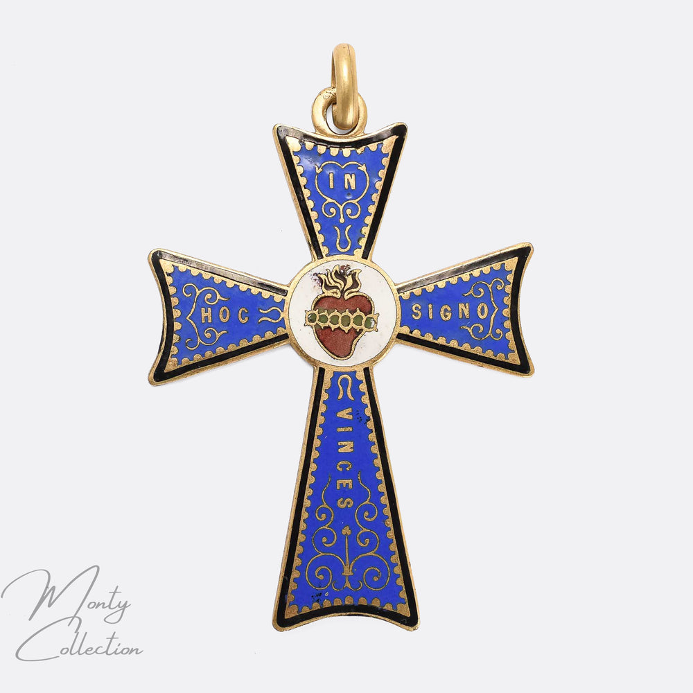 Victorian IN HOC SIGNO VINCES Sacred Heart Cross Pendant