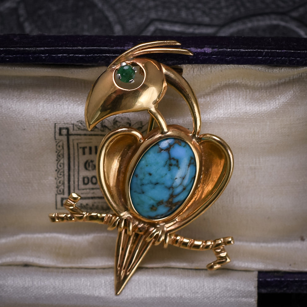 Vintage Turquoise & Emerald Parrot Brooch
