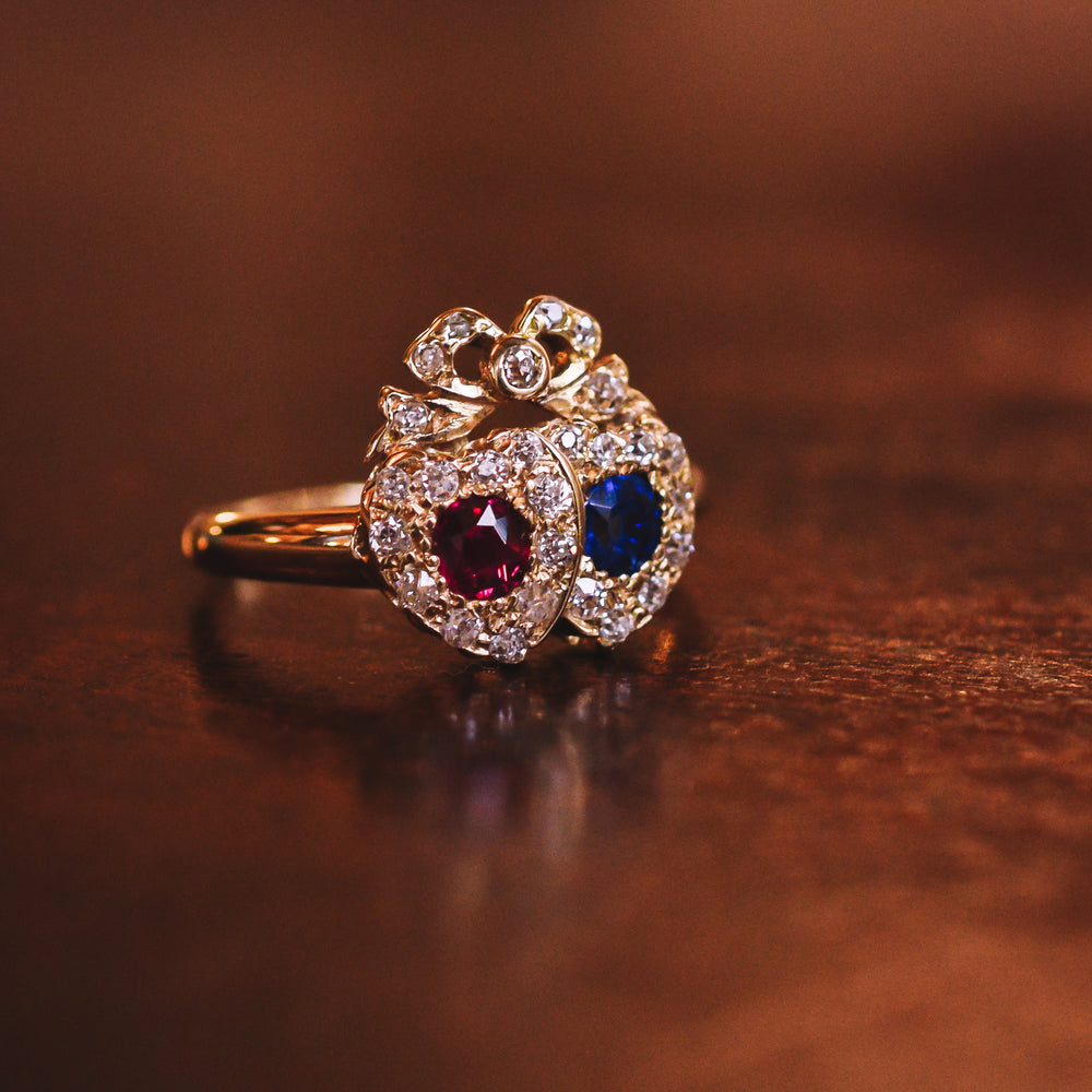 Victorian Ruby Sapphire & Diamond Bowed Double Heart Ring