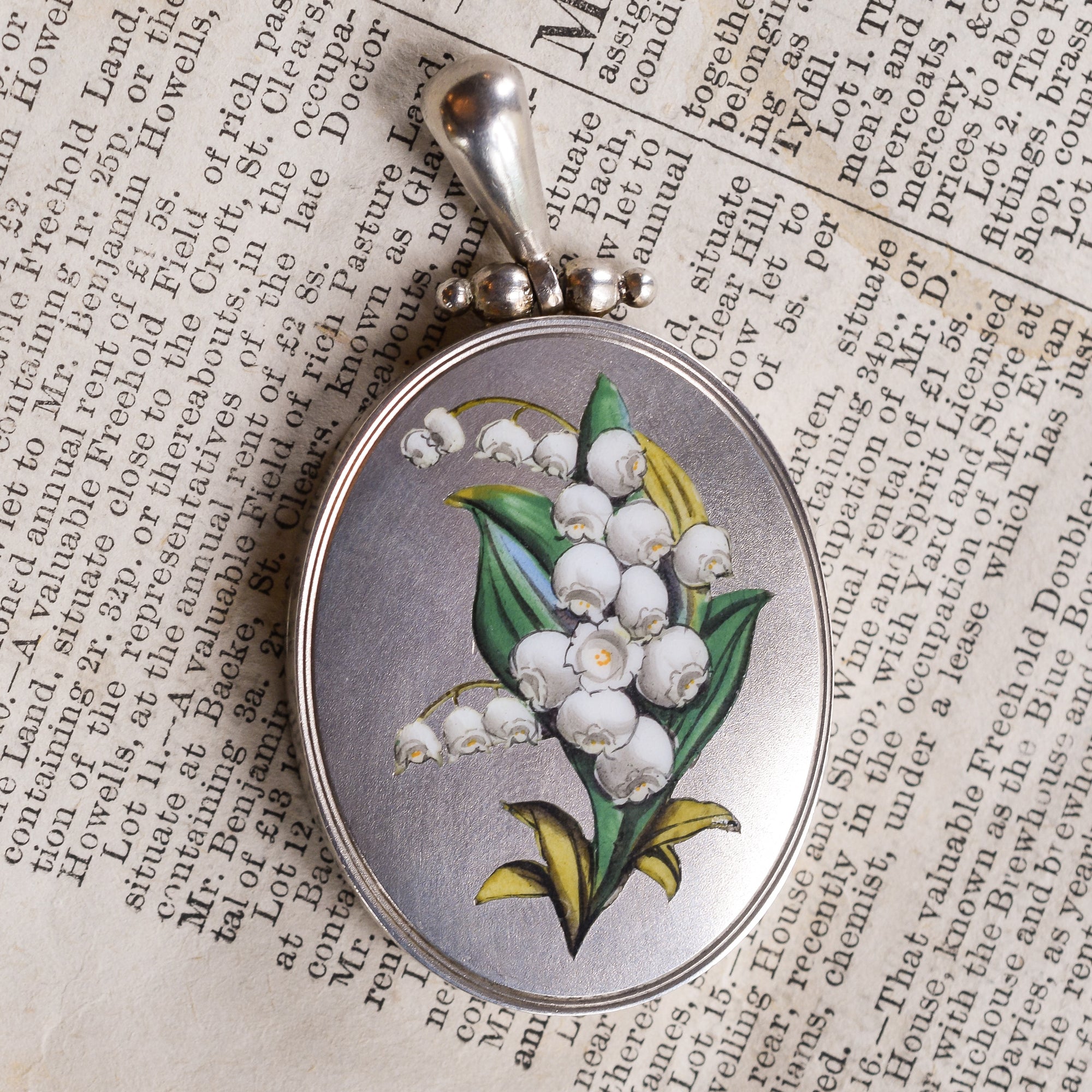 silver lily flower Victorian Lily of the Valley Enamelled Silver Locket