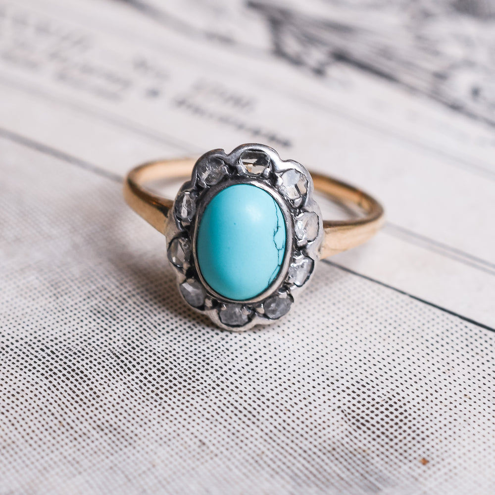 RESERVED Victorian Turquoise & Rose Diamond Flower Ring