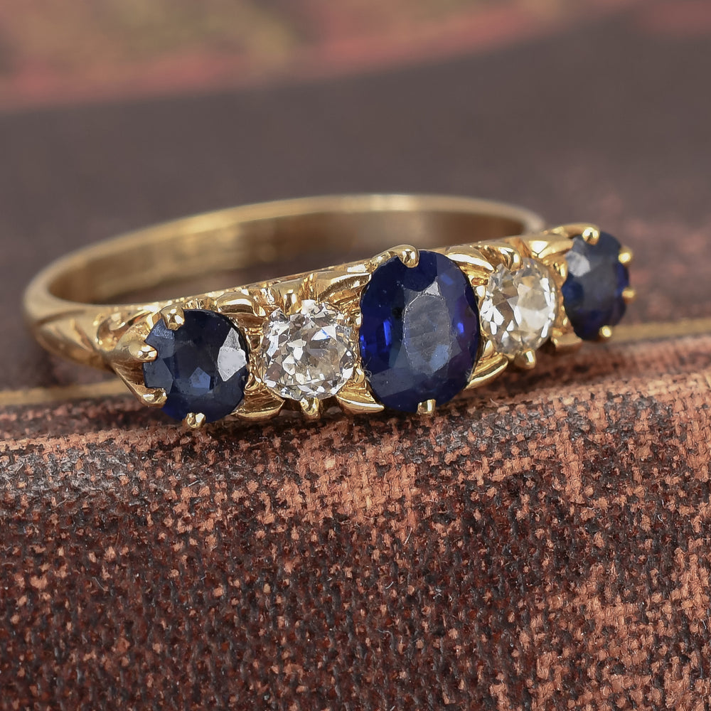 Victorian Sapphire & Diamond Carved Half Hoop Ring