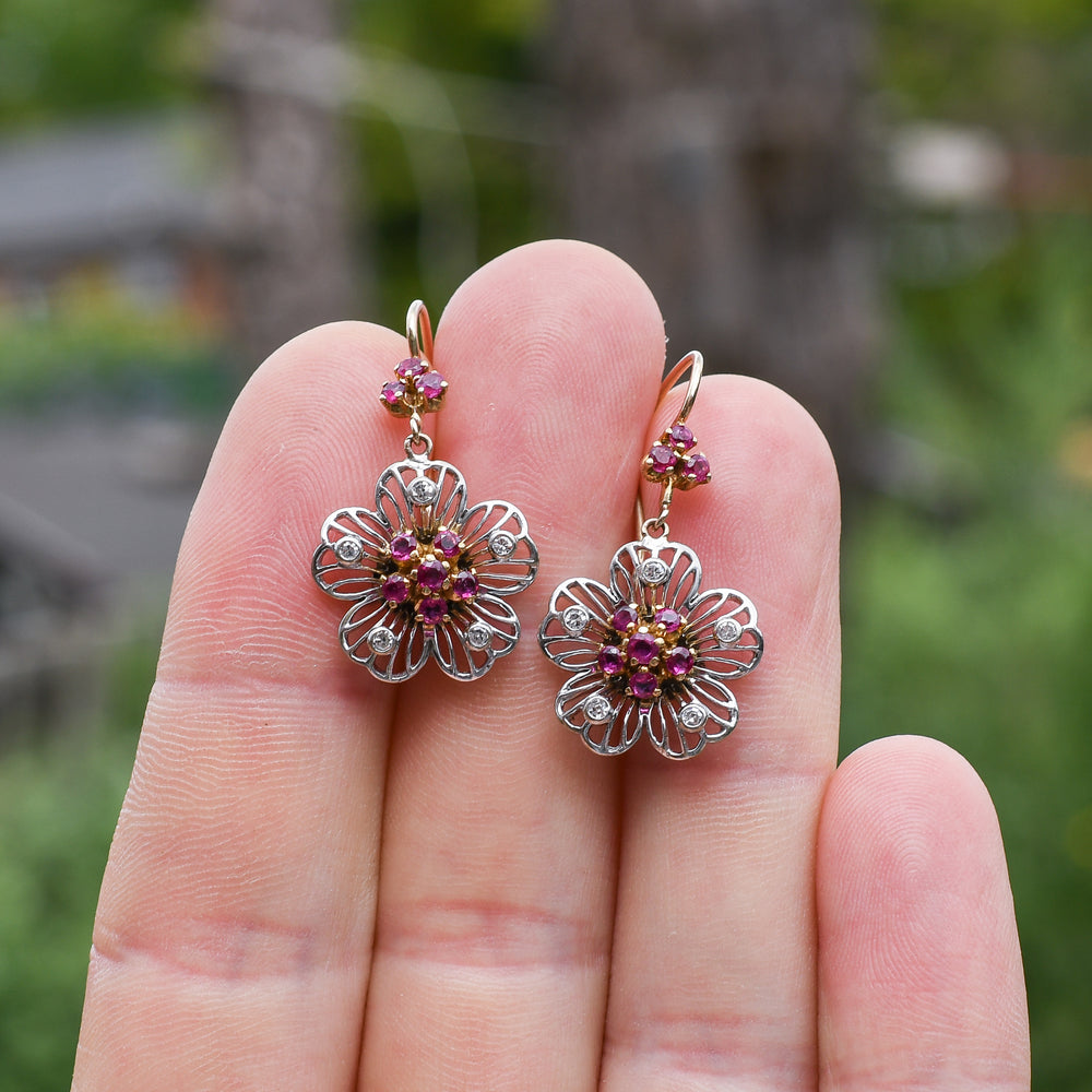 Mid-Century Diamond & Ruby Bi-Metal Flower Earrings