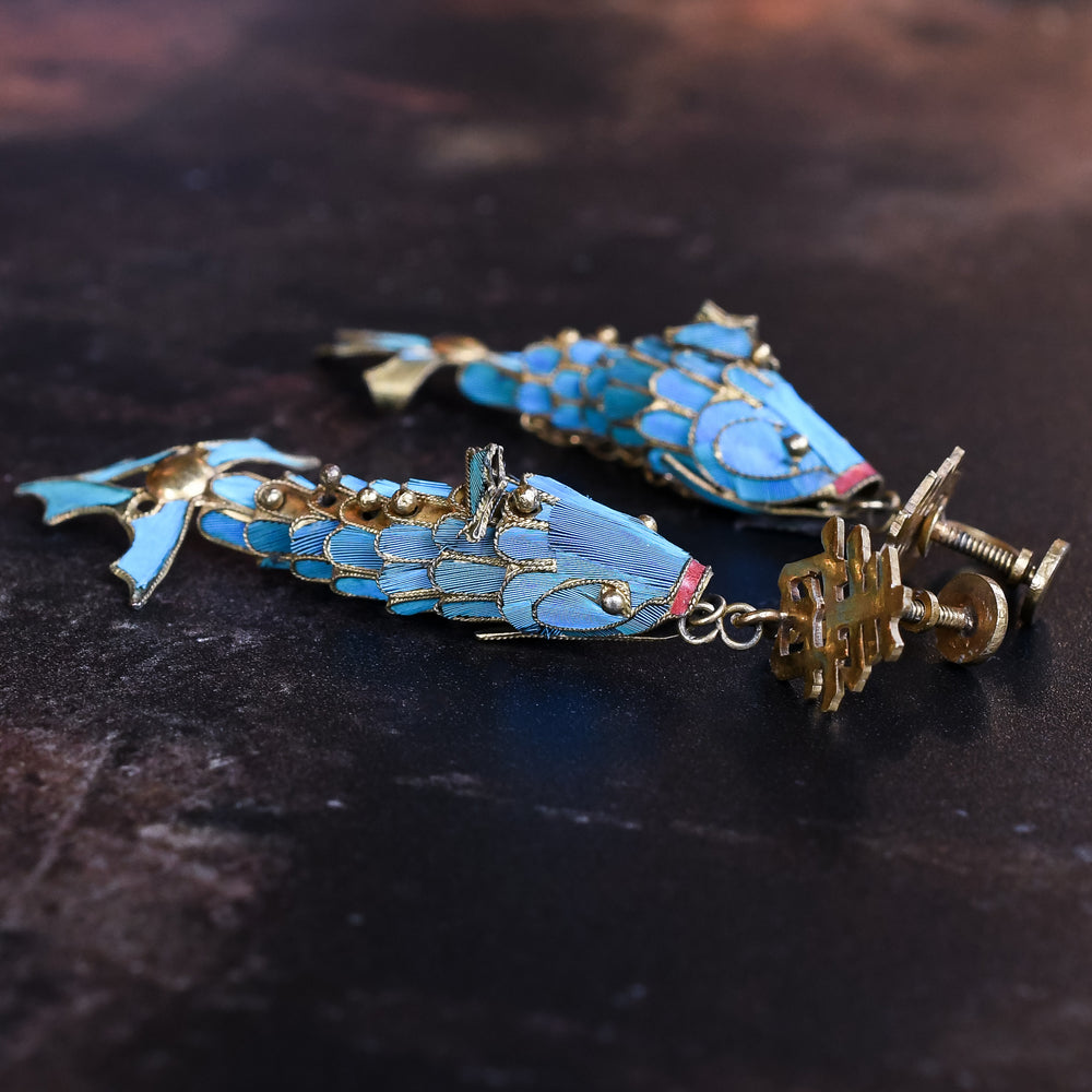 Antique Tian-tsui Feather Inlay Fish Earrings