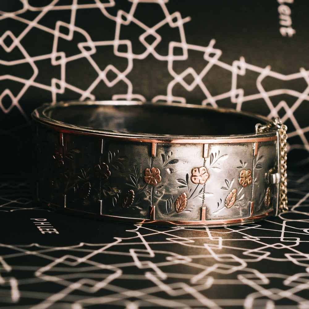 Victorian Silver Cuff Bangle with Rose Gold Inlay