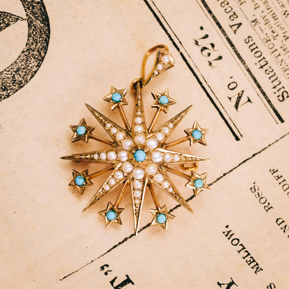 Edwardian Turquoise & Pearl Starburst Pendant