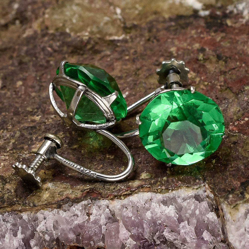 Art Deco Emerald Paste Plati-non Solitaire Earrings