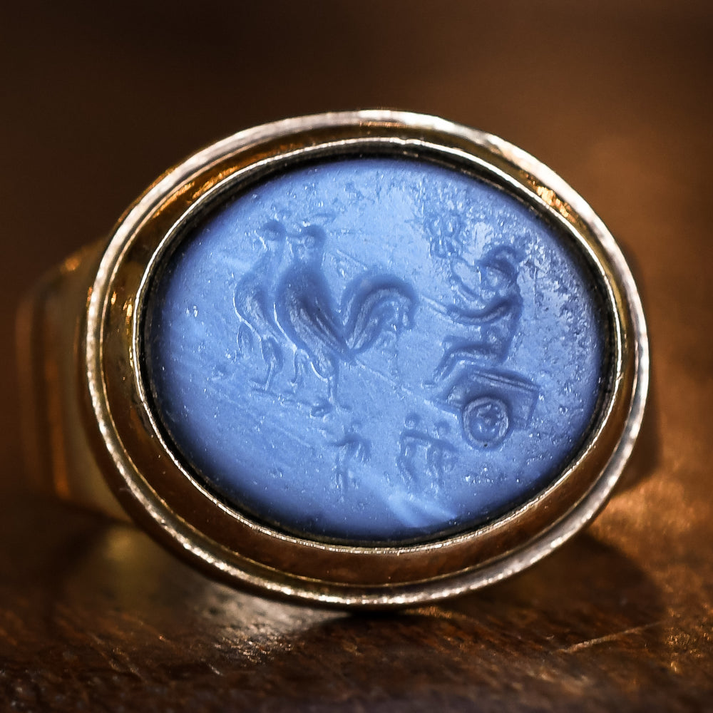Roman Hermes & Rooster Chariot Nicolo Intaglio Signet Ring