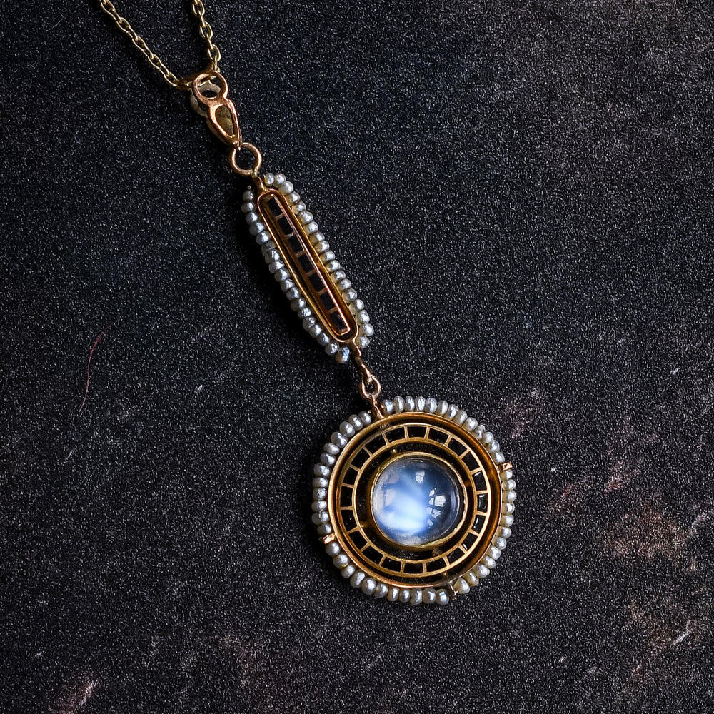 Victorian Moonstone, Pearl & Black Enamel Pendant