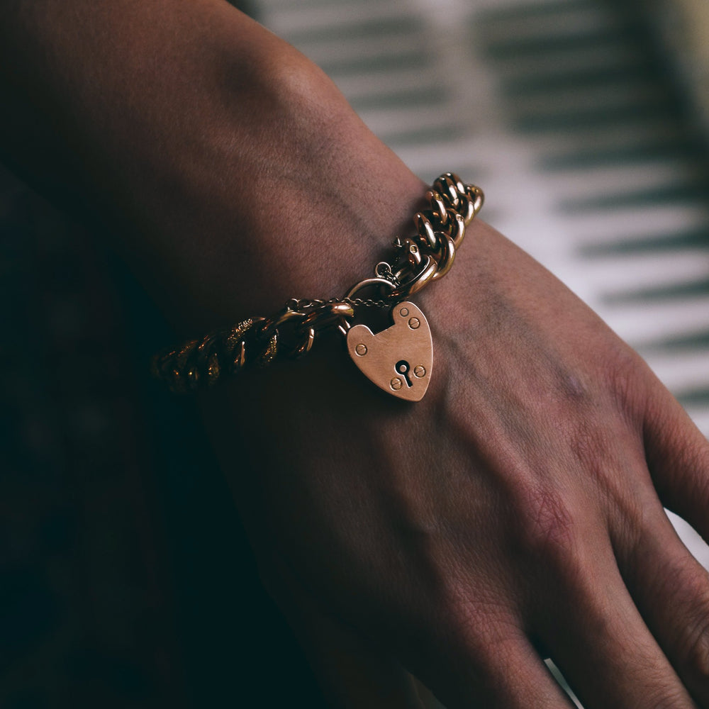 Victorian Rose Gold Curb-Link Heart Padlock Bracelet