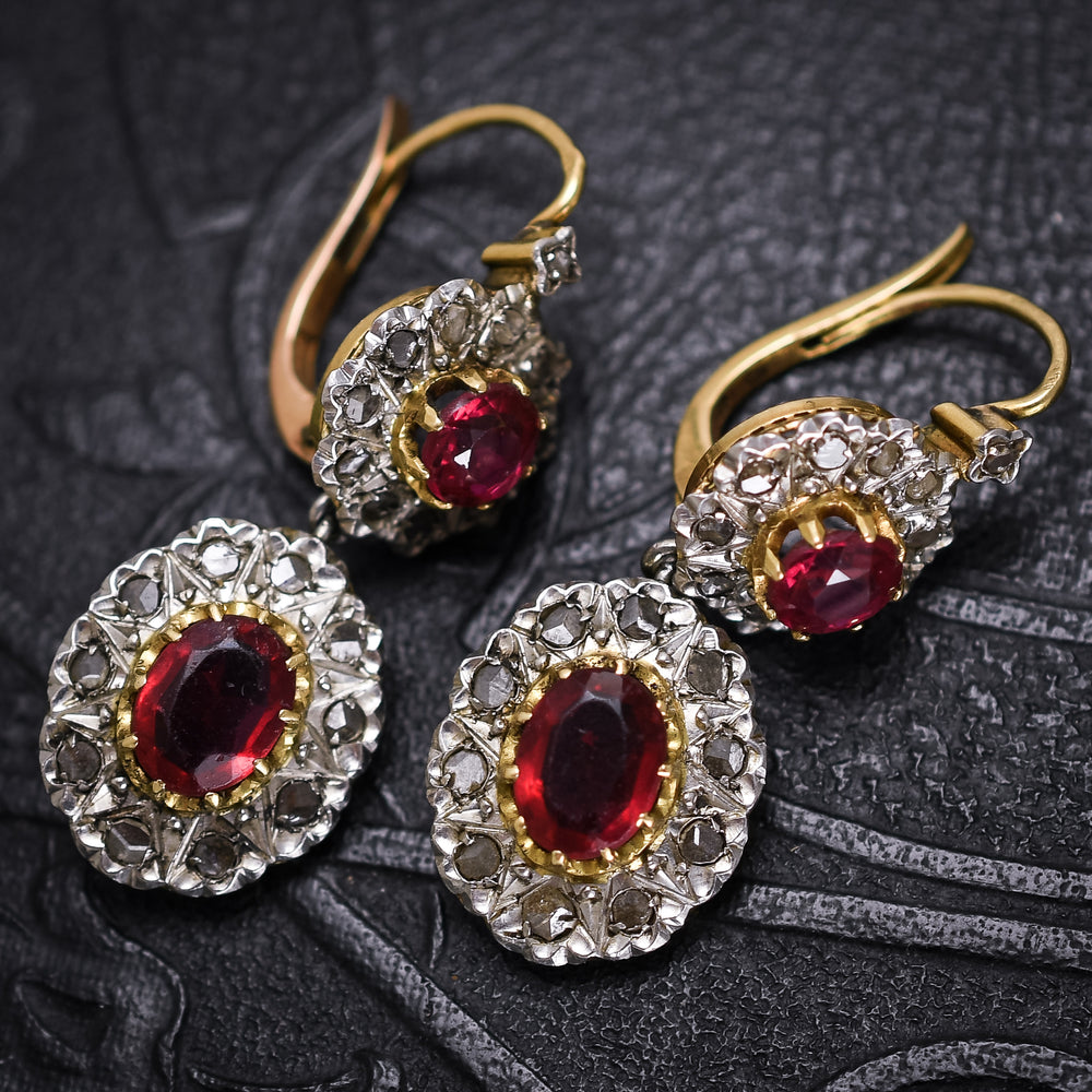 Late Victorian Ruby Paste & Rose Diamond Double Cluster Earrings