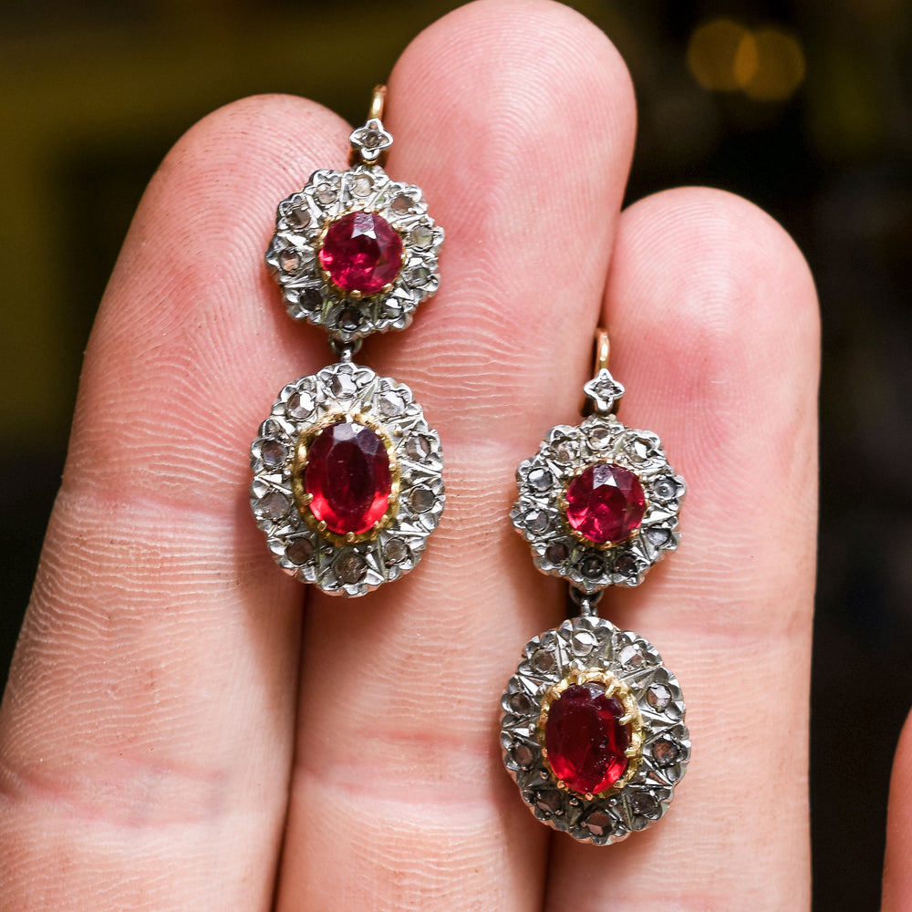 Late Victorian Ruby Paste & Rose Diamond Double Cluster Earrings
