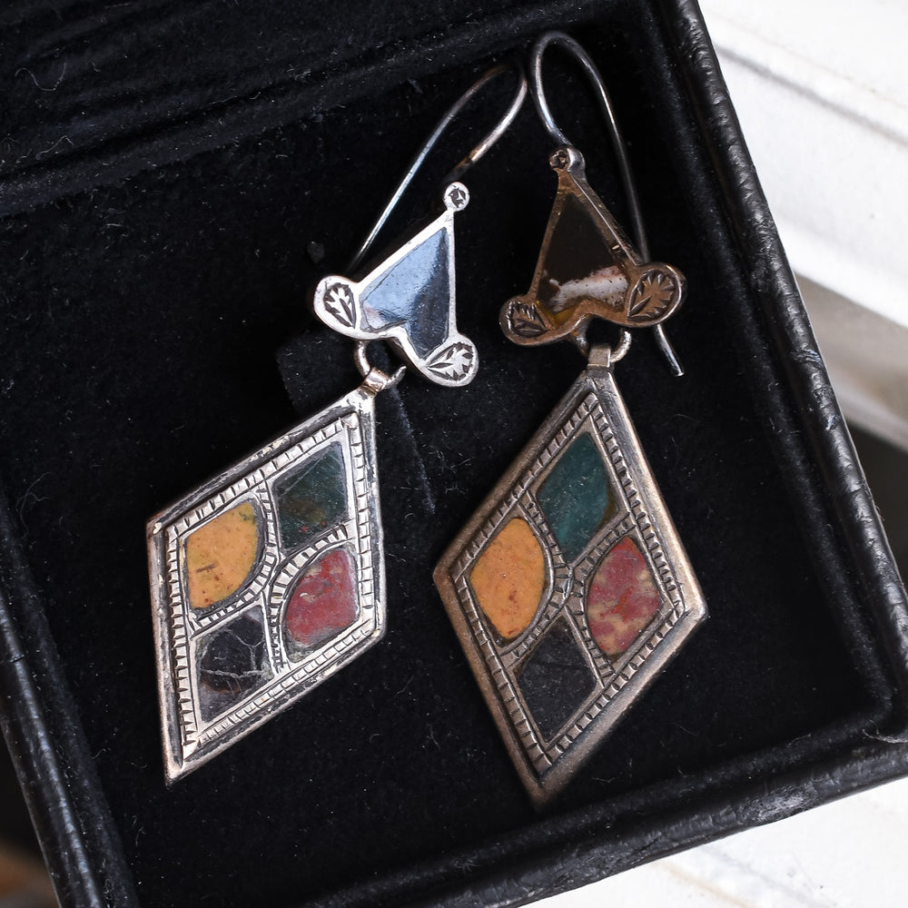 Victorian Scottish Agate Inlay Silver Earrings