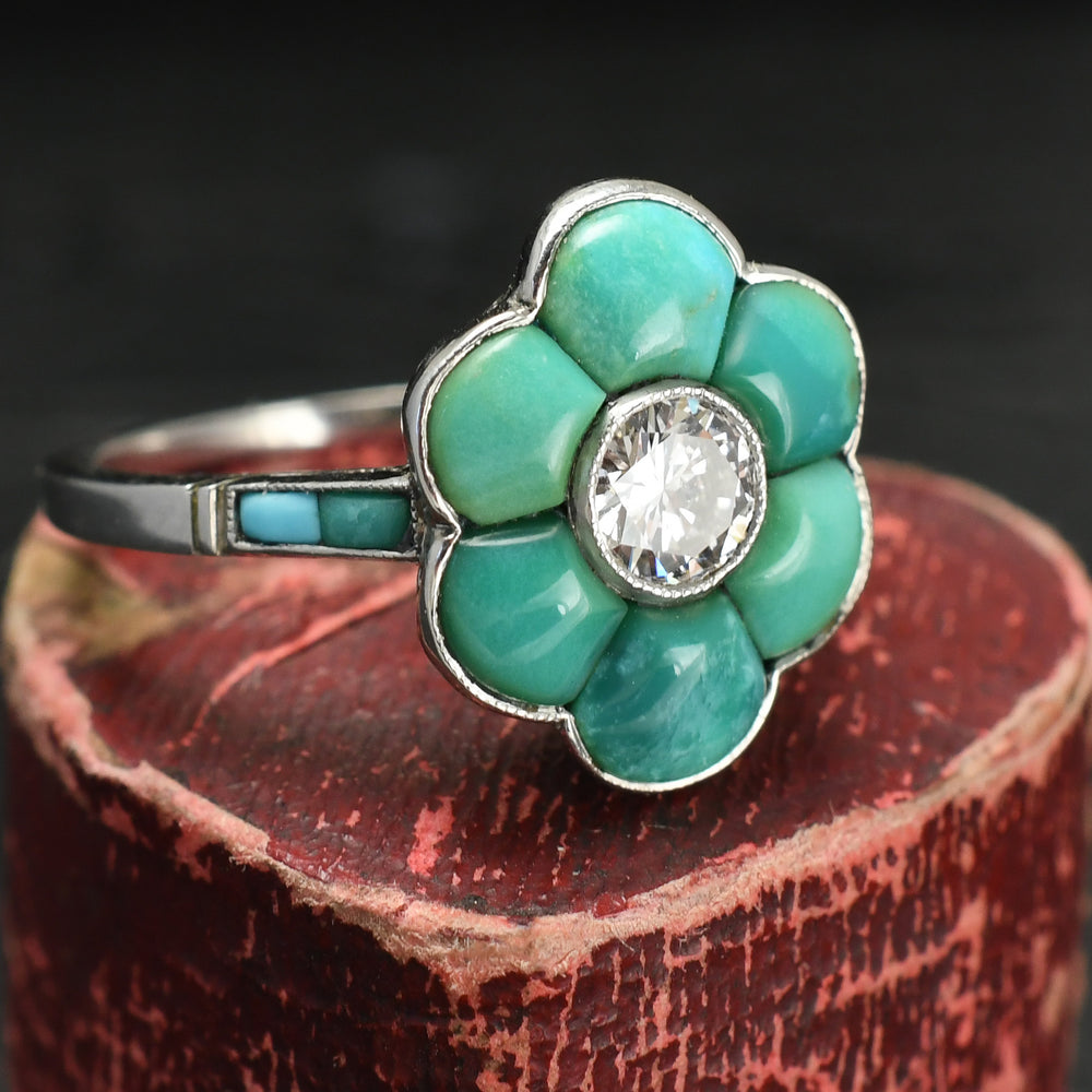 Art Deco Turquoise & Diamond Flower Cluster Ring