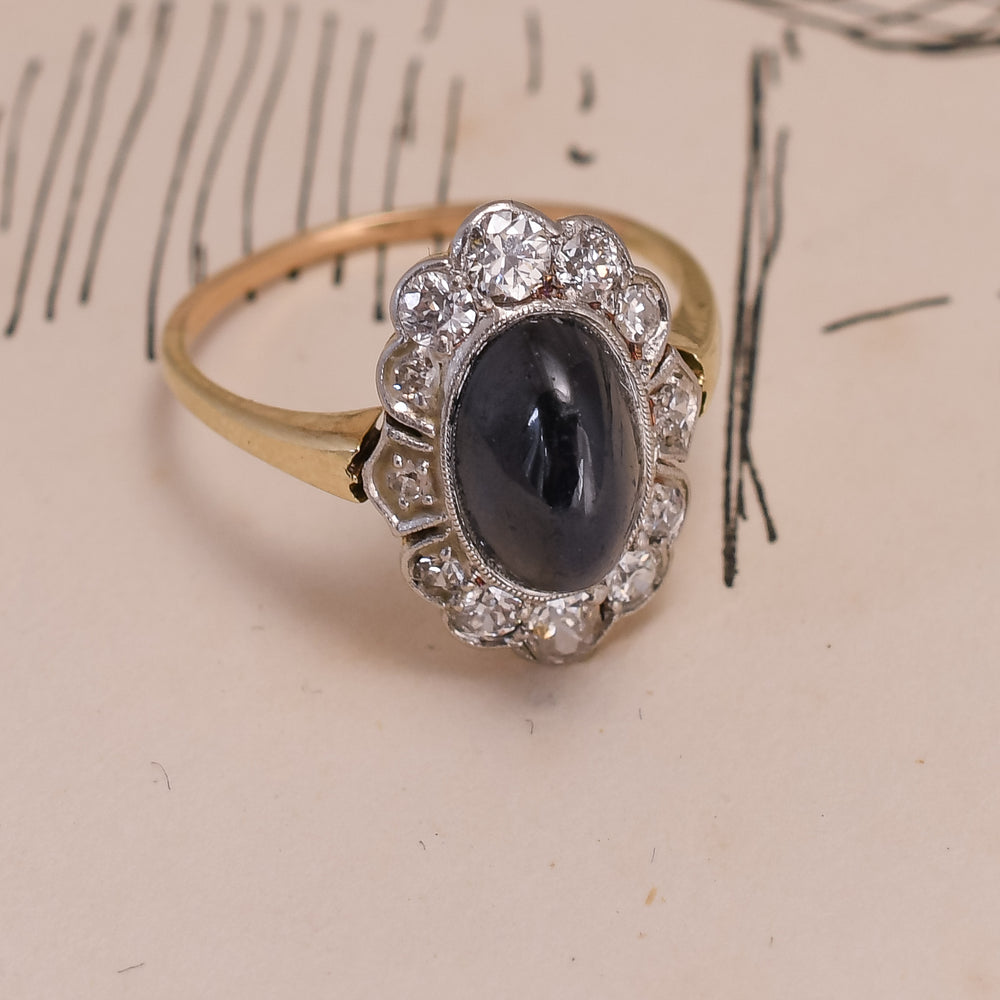 Art Deco 3.0ct Cabochon Sapphire & Diamond Flower Cluster Ring