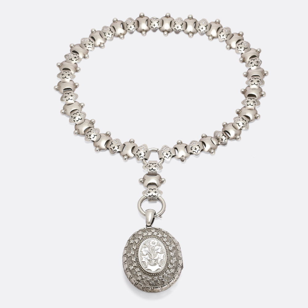Victorian “Language of Flowers” Silver Locket & Collar