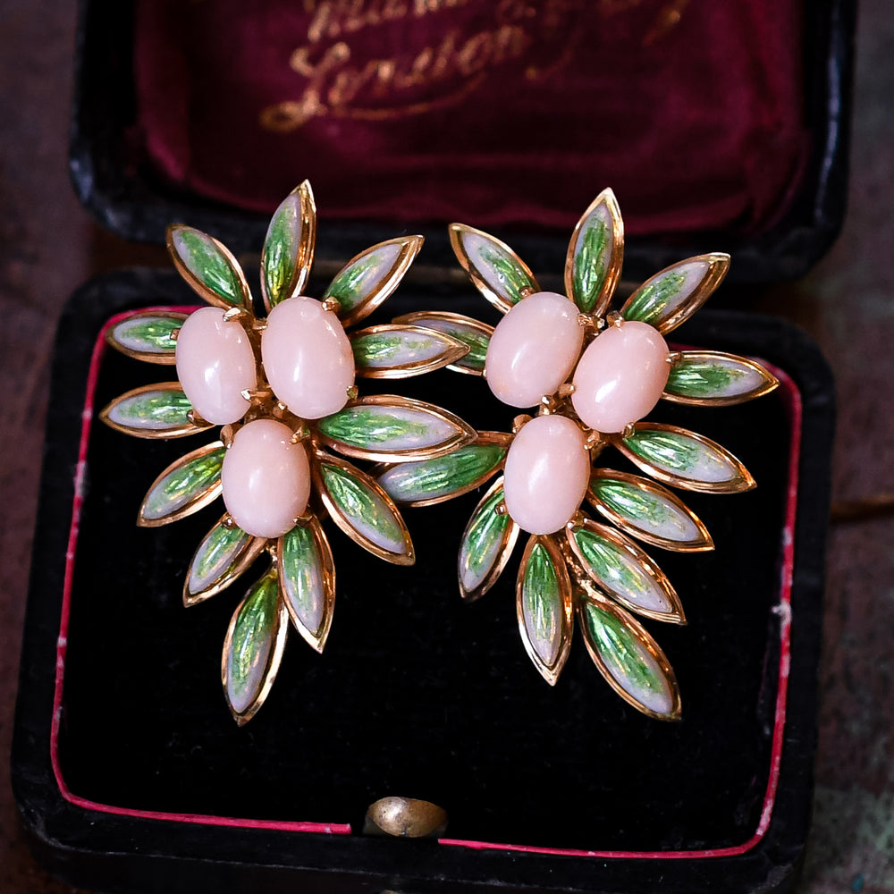 Vintage Coral & Enamel Foliate Earrings
