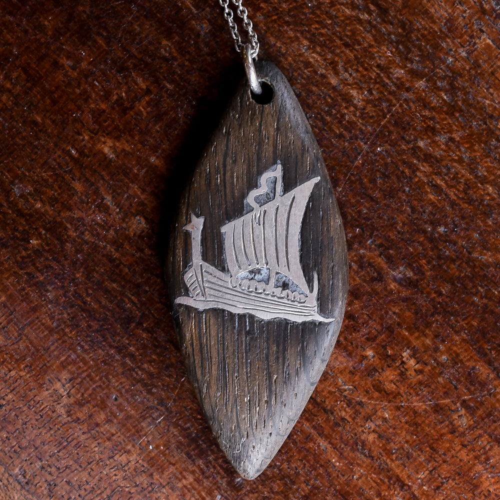 1970s Rosewood Viking Ship Inlay Necklace