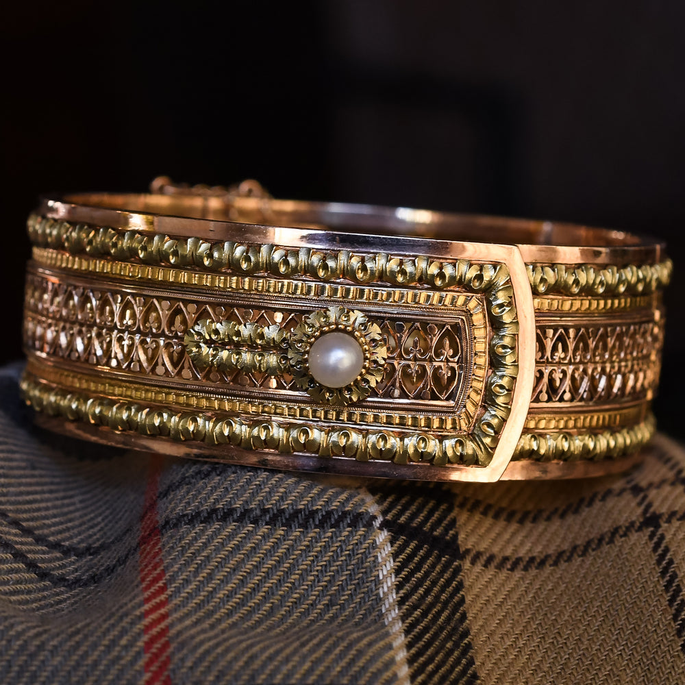 French High Victorian Pearl Buckle Bangle
