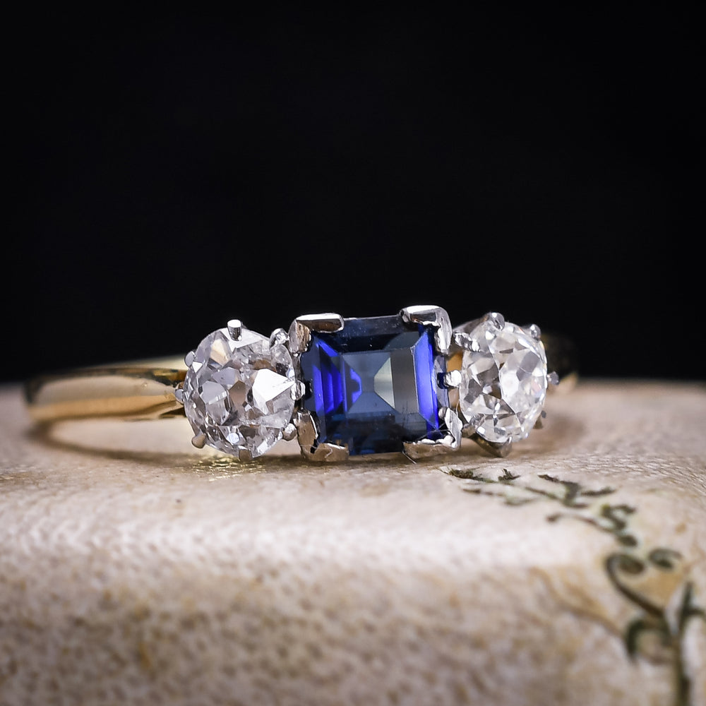 Art Deco Square Sapphire & Diamond Trilogy Ring