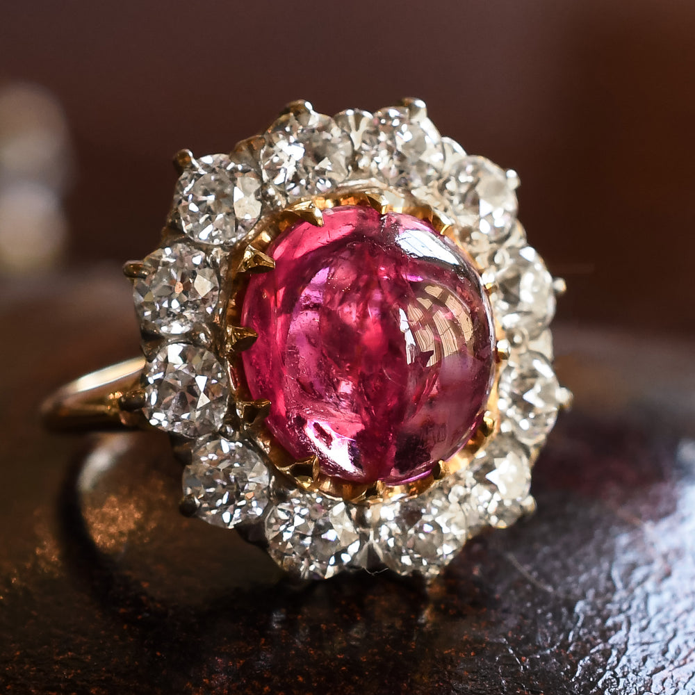 Victorian 3.63ct Burma Ruby Cabochon & Diamond Cluster Ring