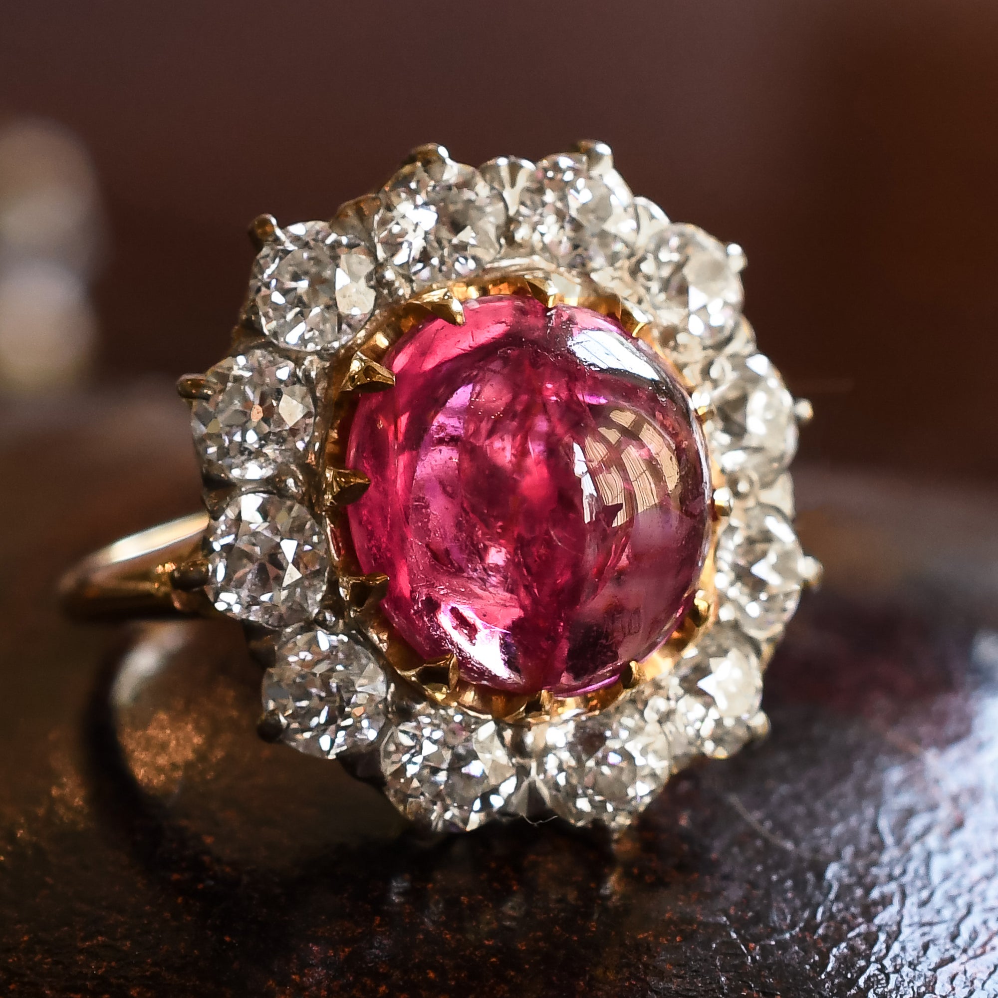 Victorian 3.63ct Burma Ruby Cabochon Diamond Cluster Ring