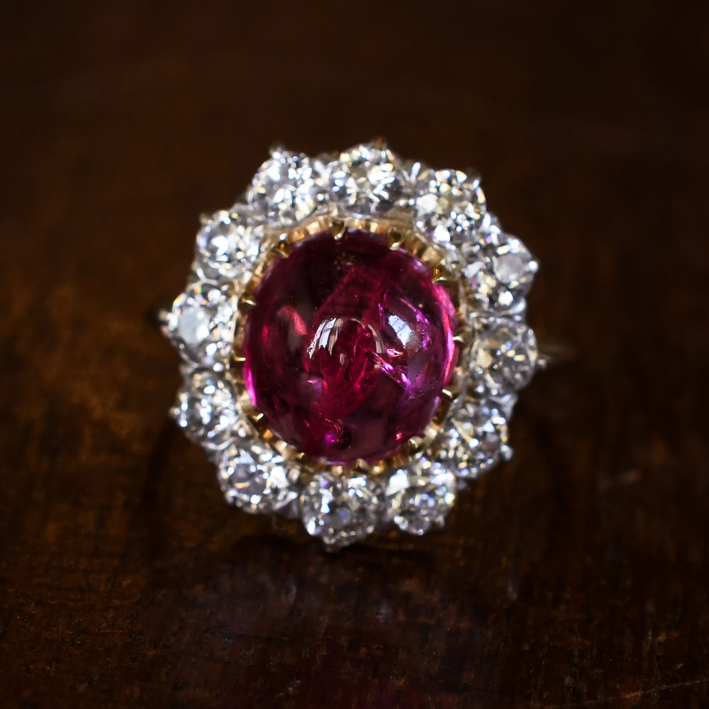 Victorian 3.63ct Burma Ruby Cabochon & Diamond Cluster Ring